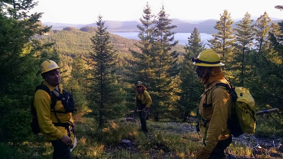 (On left) Asst. Fire Chief Aarron Jones, Firefighter/EMT Spencer Alrick Hale, and Firefighter Gary Webster during wildland firefighting operations near Little Bitterroot Lake